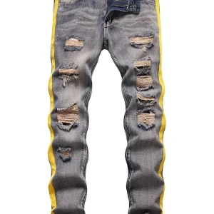 Men Cotton Ripped Frayed Contrast Side Seam Jeans