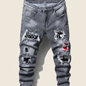 Manfinity EMRG Men Cotton Letter Patched Ripped Jeans