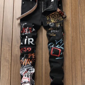 Graffiti Pattern Slim Fit Jeans, Men’s Casual Slightly Stretch Denim Pants For Spring Summer