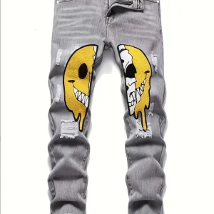 Men’s Spring & Summer Street Style: Smiling Face Pattern Ripped Jeans – Comfortably Distressed Denim Pants