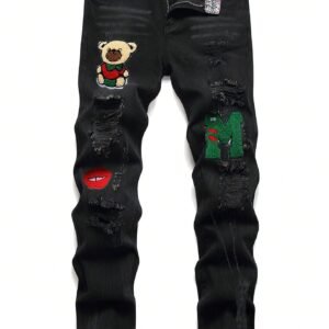 Men Cotton Cartoon & Letter Patched Ripped Slim Straight Jeans