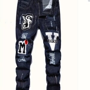 Embroidery Spray Painted Pattern Slim Fit Ripped Jeans, Men’s Casual Street Style Denim Pants For Spring Summer