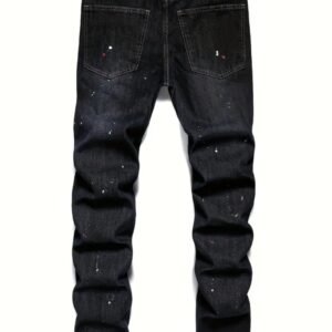 Embroidery Spray Painted Pattern Slim Fit Ripped Jeans, Men’s Casual Street Style Denim Pants For Spring Summer