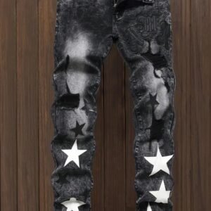 y2k Star Pattern Slim Fit Jeans, Men’s Casual Stretch Street Style Denim Pants For All Seasons